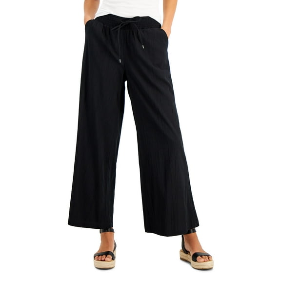 Style & Co Petite Crinkled Wide Leg Pants Deep Black PM