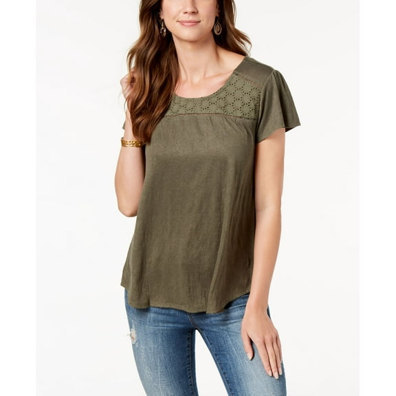 Style & Co Petite Crochet Trim Flutter Sleeve Top Olive Sprig PS