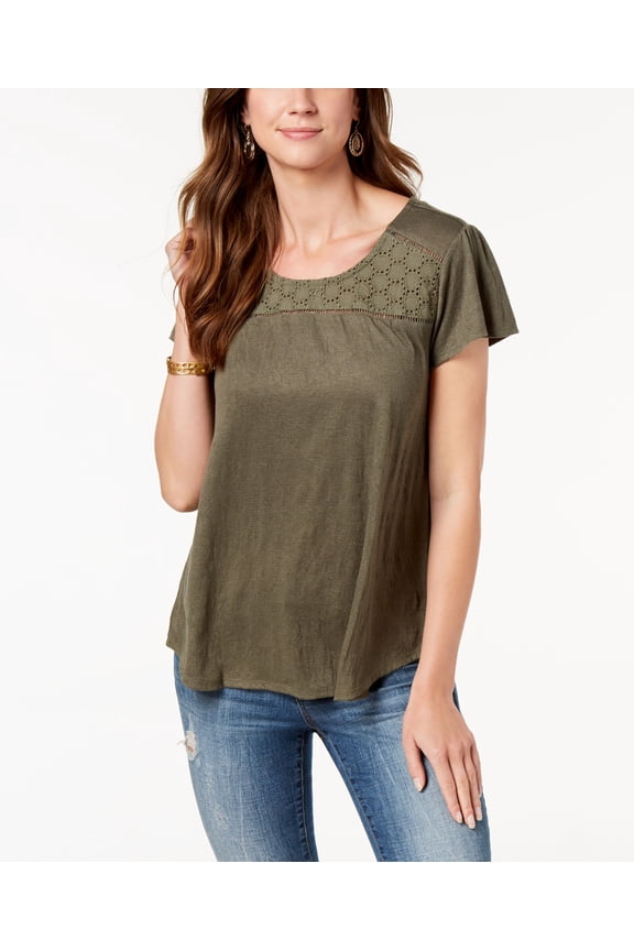 Style & Co Petite Crochet Trim Flutter Sleeve Top Olive Sprig PS