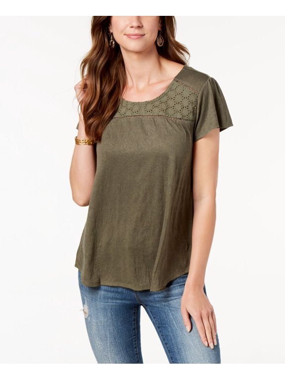 Style & Co Petite Crochet Trim Flutter Sleeve Top Olive Sprig PS
