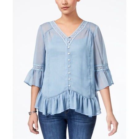 Style & Co Petite Crochet Trim Ruffled Blouse Blue Fog PL