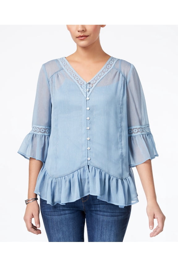 Style & Co Petite Crochet Trim Ruffled Blouse Blue Fog PL