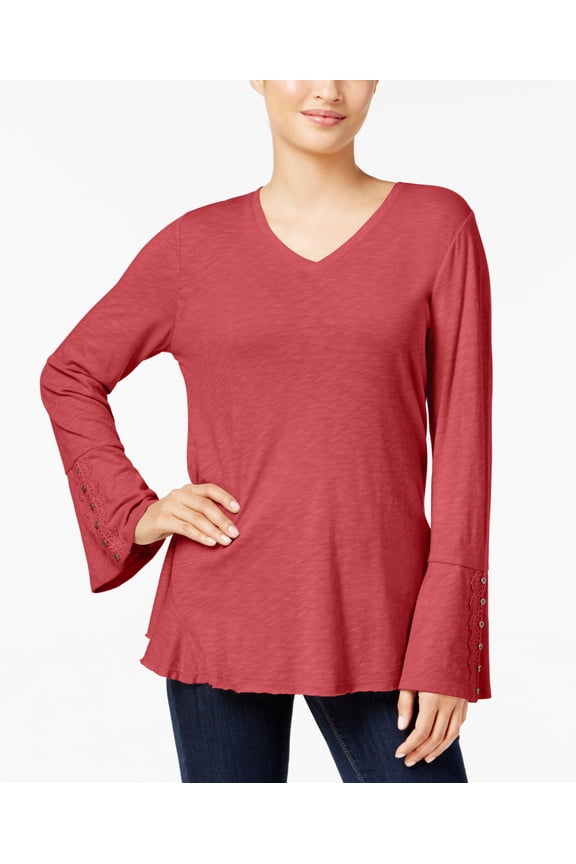 Style & Co Petite Crochet Trim Side Flounce Top Dark Rose PL