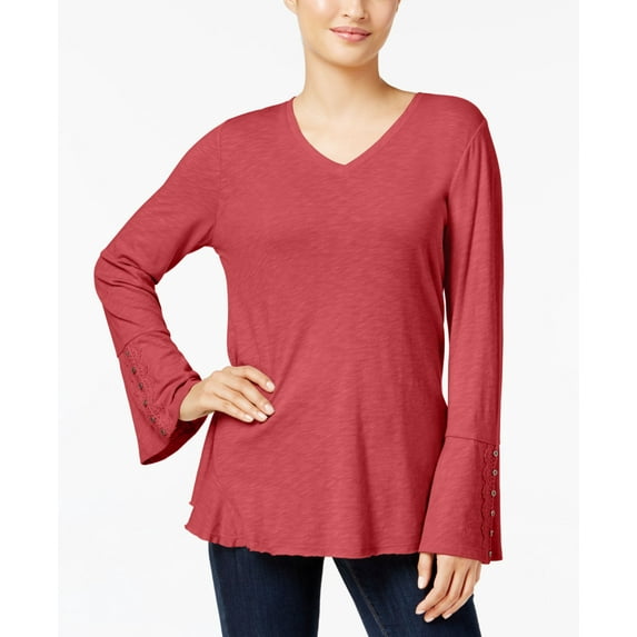 Style & Co Petite Crochet Trim Side Flounce Top Dark Rose PL