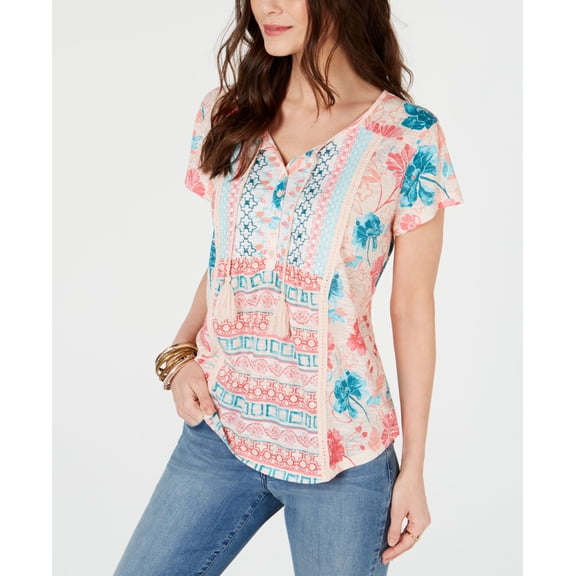 Style & Co Petite Crochet Trim Top Garden Bliss Pink PS
