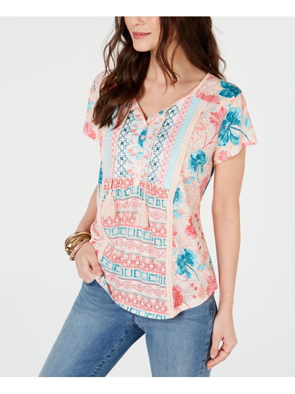 Style & Co Petite Crochet Trim Top Garden Bliss Pink PXS