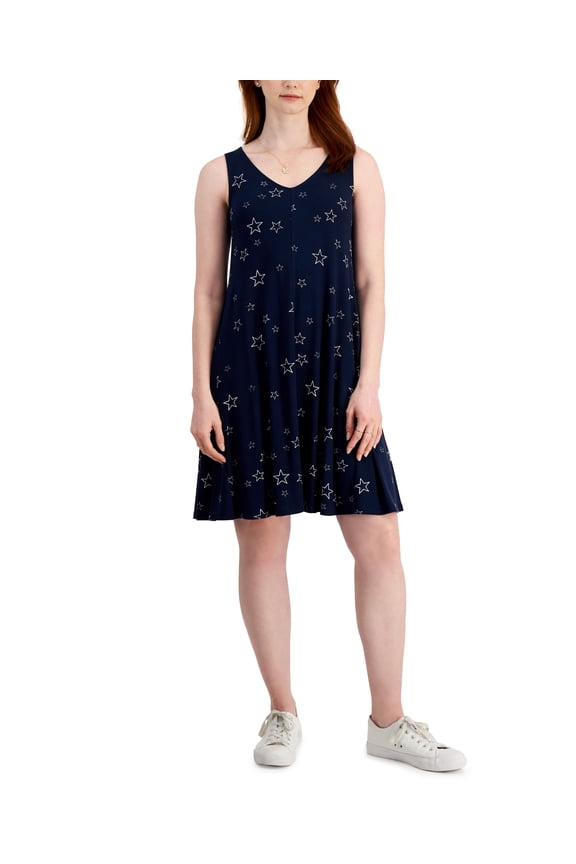Style & Co Petite Cross-Back Swing Dress Star Spangle Indigo Blue PM