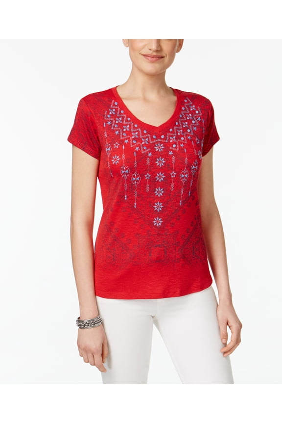 Style & Co Petite Embroidered Graphic T-Shirt Ruby PXS