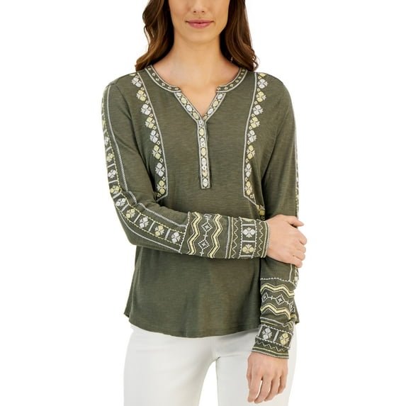 Style & Co Petite Embroidered Henley Neck Top Olive Zigzag PL