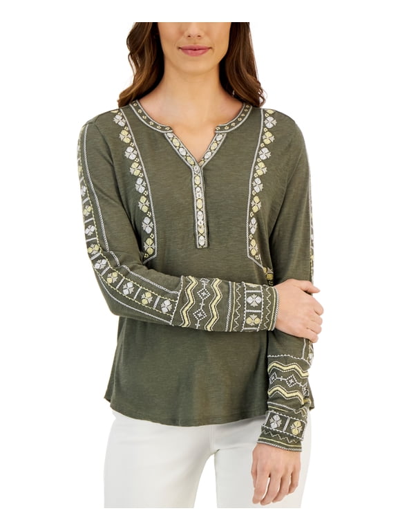 Style & Co Petite Embroidered Henley Neck Top Olive Zigzag PL