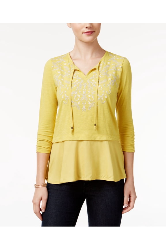 Style & Co Petite Embroidered Layered Look Peasant Top Delilah Yellow PXS