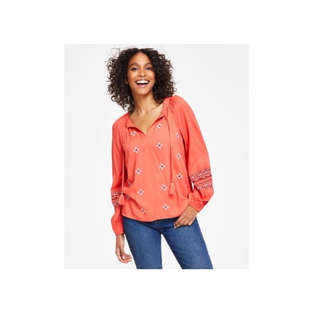 Style & Co Petite Embroidered Peasant Top Calm Coral PXL