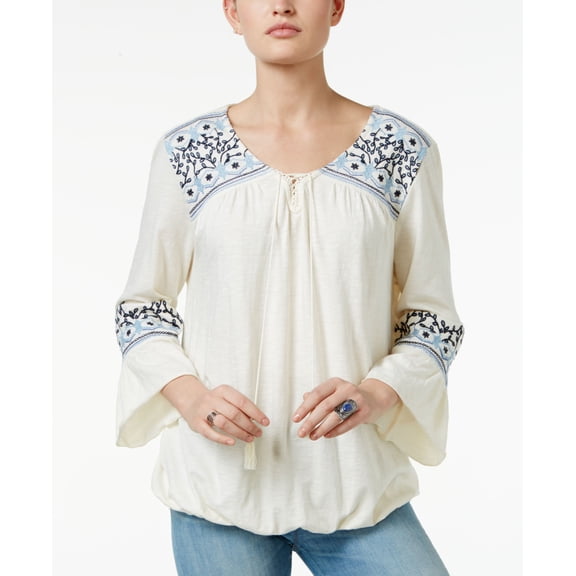 Style & Co Petite Embroidered Peasant Top East Escape Ivory PS