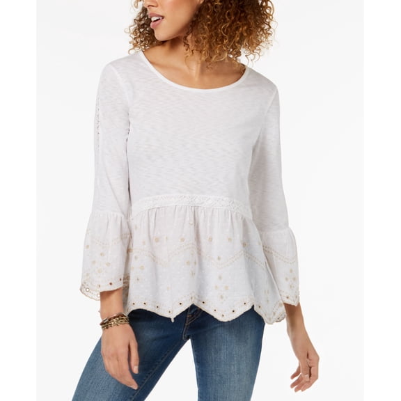 Style & Co Petite Embroidered Peplum Top White Scallop PM