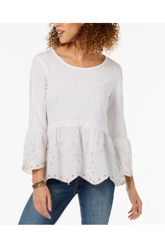 Style & Co Petite Embroidered Peplum Top White Scallop PM