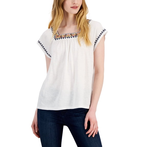 Style & Co Petite Embroidered Square Neck Top Bright White PS