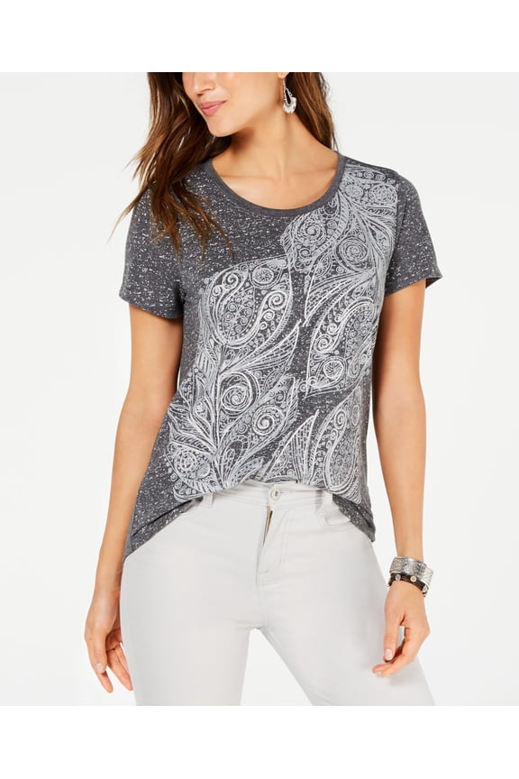 Style & Co Petite Feathers Graphic Print T-Shirt Fortune Leaf PXS