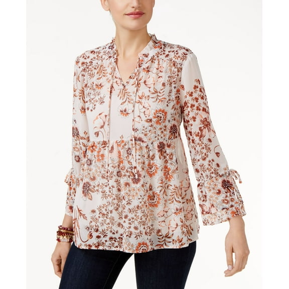 Style & Co Petite Floral Print Peasant Blouse Copper PL