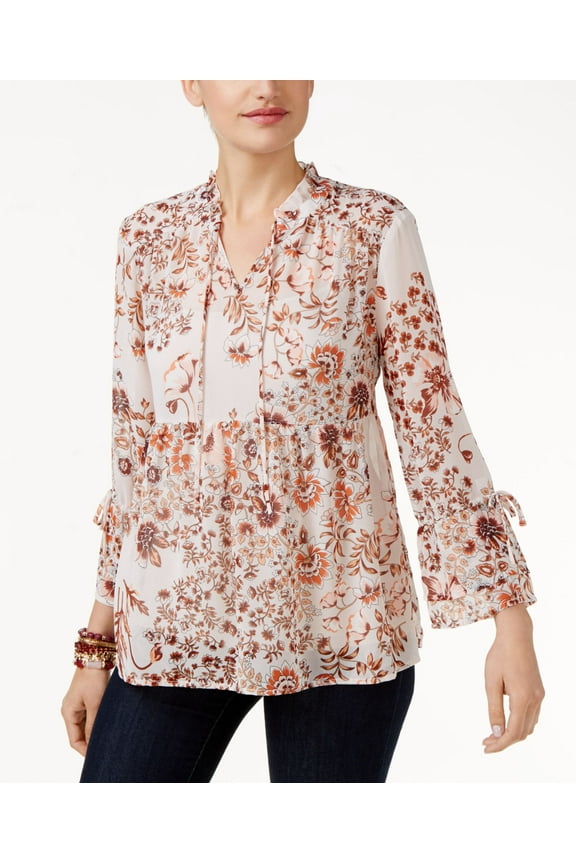 Style & Co Petite Floral Print Peasant Blouse Copper PL