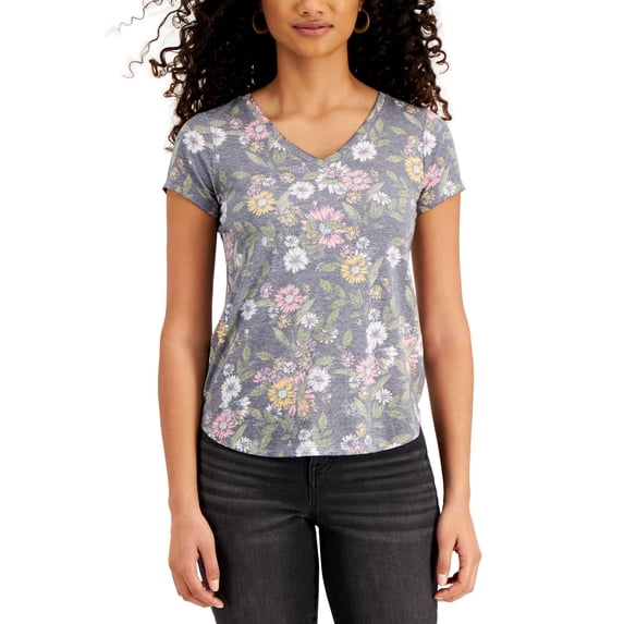 Style & Co Petite Floral Print V Neck T-Shirt Indust Blooms PXL