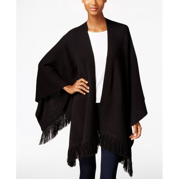 Style & Co. Petite Fringe Poncho Cardigan Deep Black PS/PM