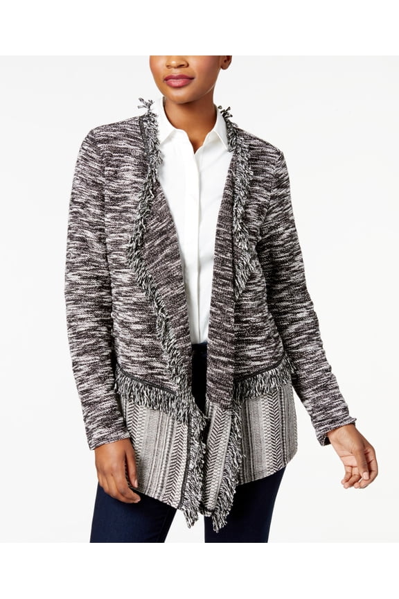Style & Co Petite Fringe Trim Cardigan Deep Black PL