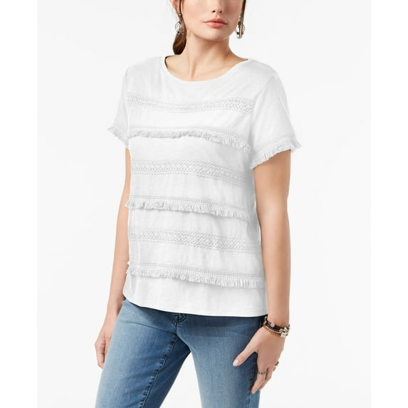Style & Co Petite Fringed Top Bright White PXS
