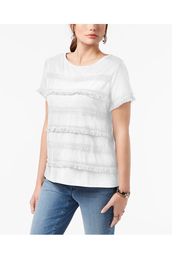 Style & Co Petite Fringed Top Bright White PXS