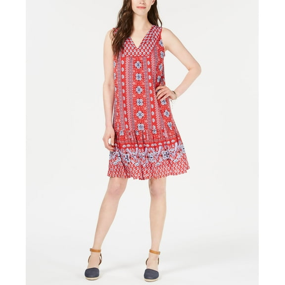 Style & Co Petite Geo Print Flounce Dress Geo Medley Red PP