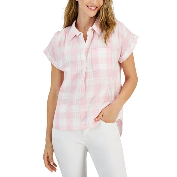 Style & Co Petite Gingham Camp Shirt Pink Icing PS