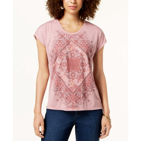 Style & Co Petite Graphic Print T-Shirt Mauve Medalion PS
