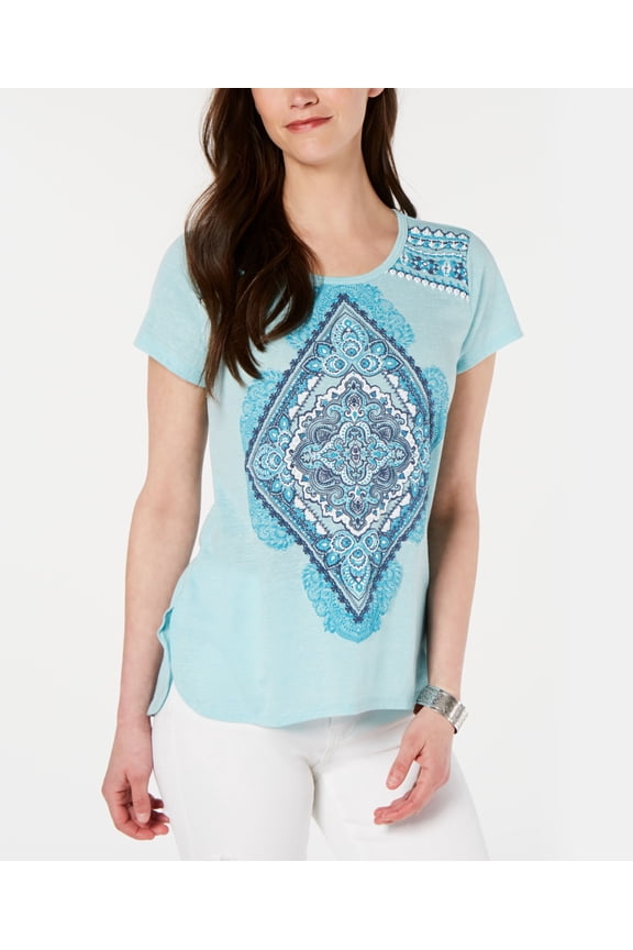 Style & Co Petite Graphic Top Folk Diamond PL