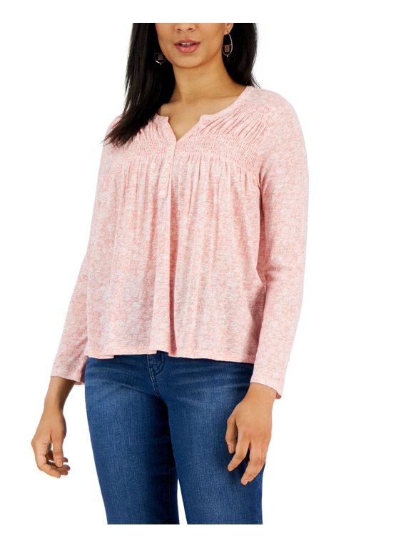 Style & Co Petite Knit Smocked Long Sleeve Top Mango Beach PS