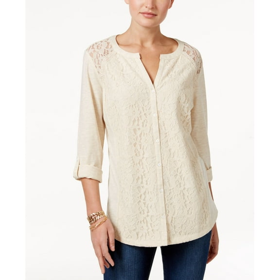 Style & Co Petite Lace Roll Tab Top Oatmeal Heather PL