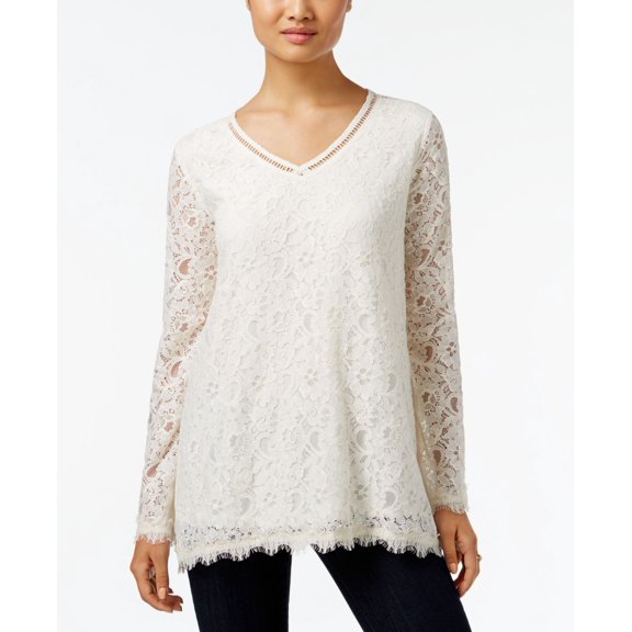 Style & Co Petite Lace Swing Top Warm Ivory PS