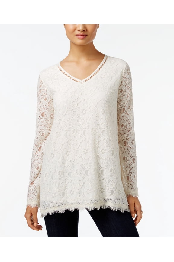Style & Co Petite Lace Swing Top Warm Ivory PS