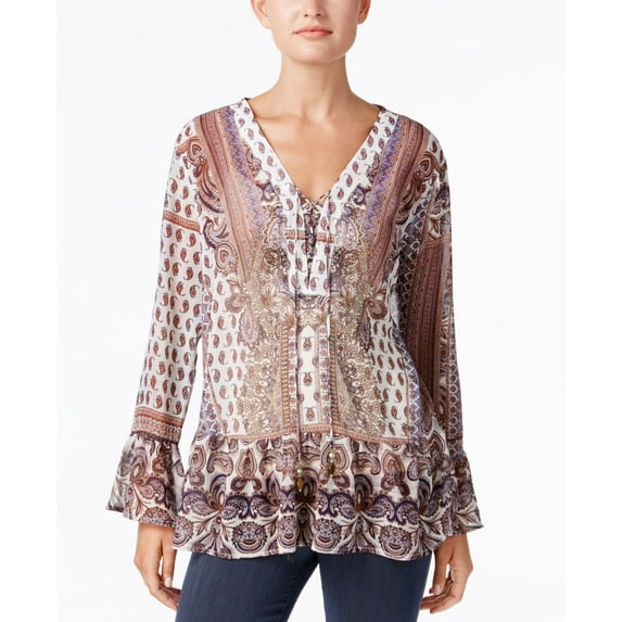 Style & Co Petite Lace Up Peasant Top Exploring Ground PS