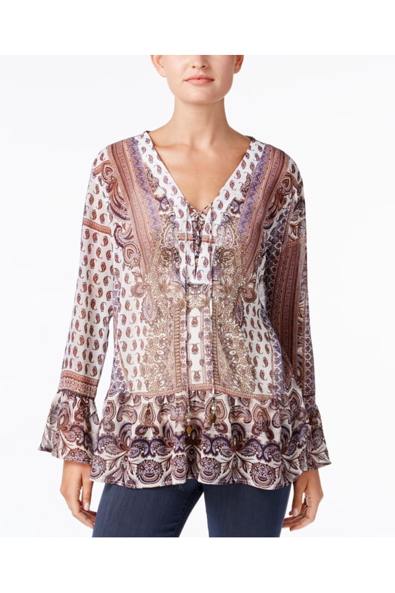 Style & Co Petite Lace Up Peasant Top Exploring Ground PS
