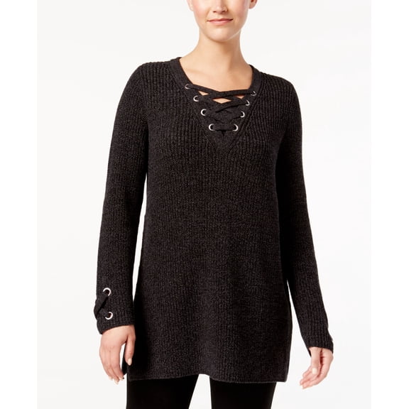Style & Co Petite Lace Up Tunic Black Heather Marl PXS