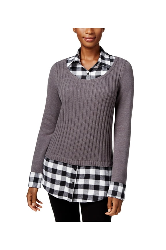 Style & Co Petite Layered Look Sweater Steel Grey Heather Combo PL