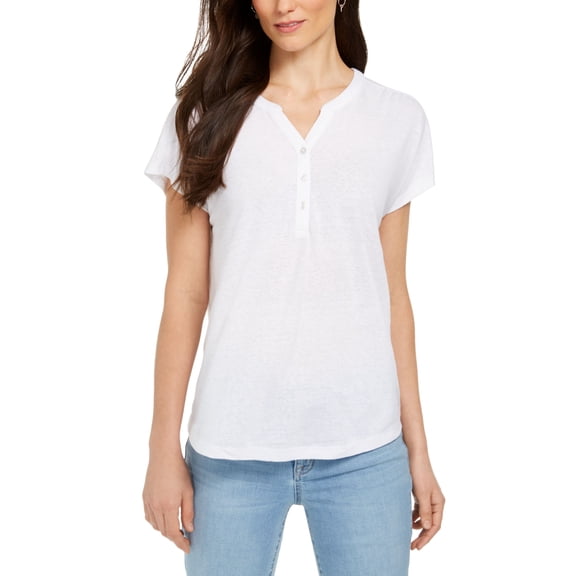 Style & Co Petite Linen Blend Henley Top Bright White PS