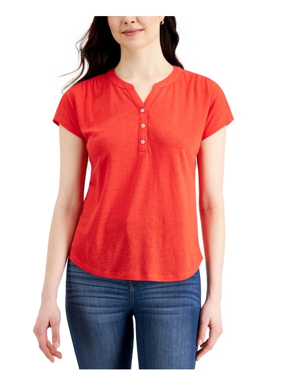 Style & Co Petite Linen Blend Henley Top Cherry Bliss PL