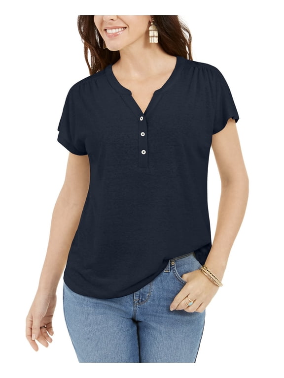 Style & Co Petite Linen Blend Henley Top Industrial Blue PL