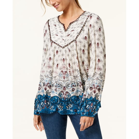 Style & Co Petite Mixed Print Peasant Top Symphony Border PS