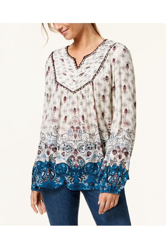 Style & Co Petite Mixed Print Peasant Top Symphony Border PS