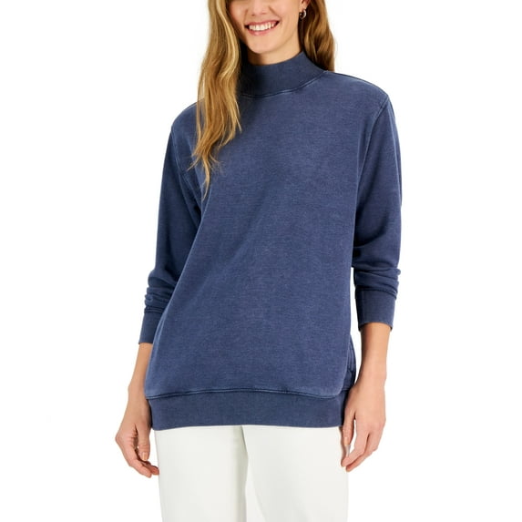 Style & Co Petite Mock Neck Ribbed Edge Sweatshirt Industrial Blue PXL