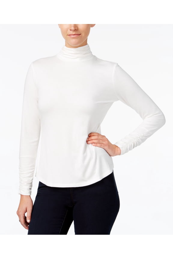 Style & Co Petite Mock Neck Ruched Sleeve Top Winter White PS