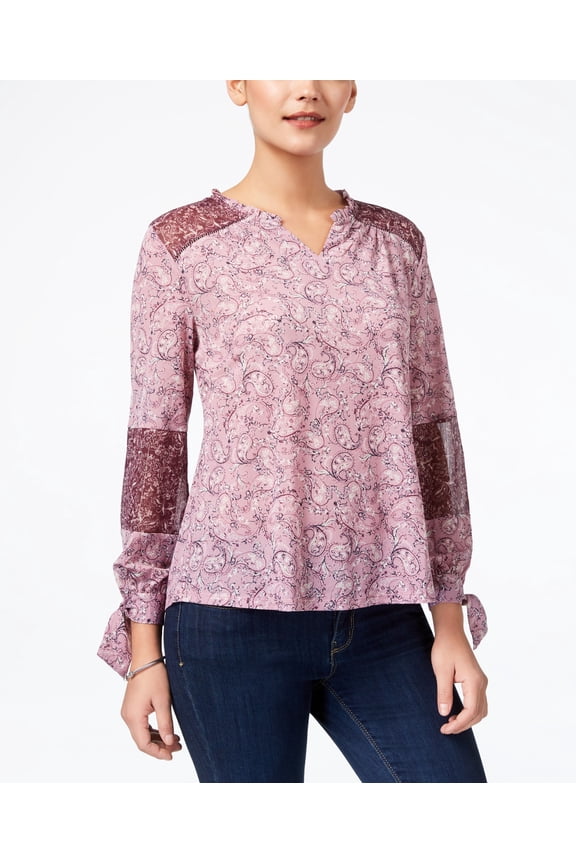 Style & Co Petite Patchwork Tie Cuff Top Paisley Dance Dame PS