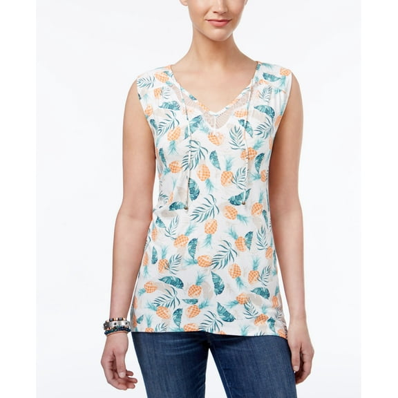 Style & Co Petite Pineapple Print Lace Top Pineapple Toss PM