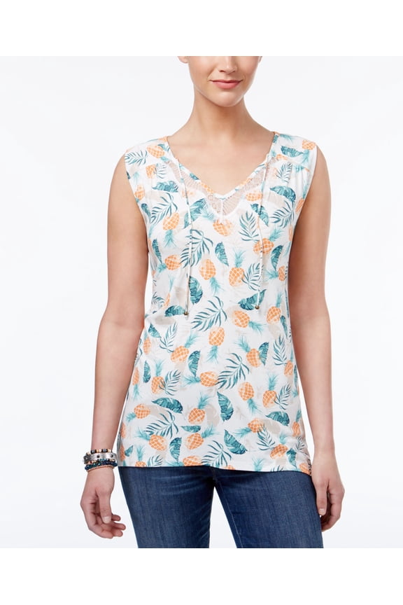 Style & Co Petite Pineapple Print Lace Top Pineapple Toss PM